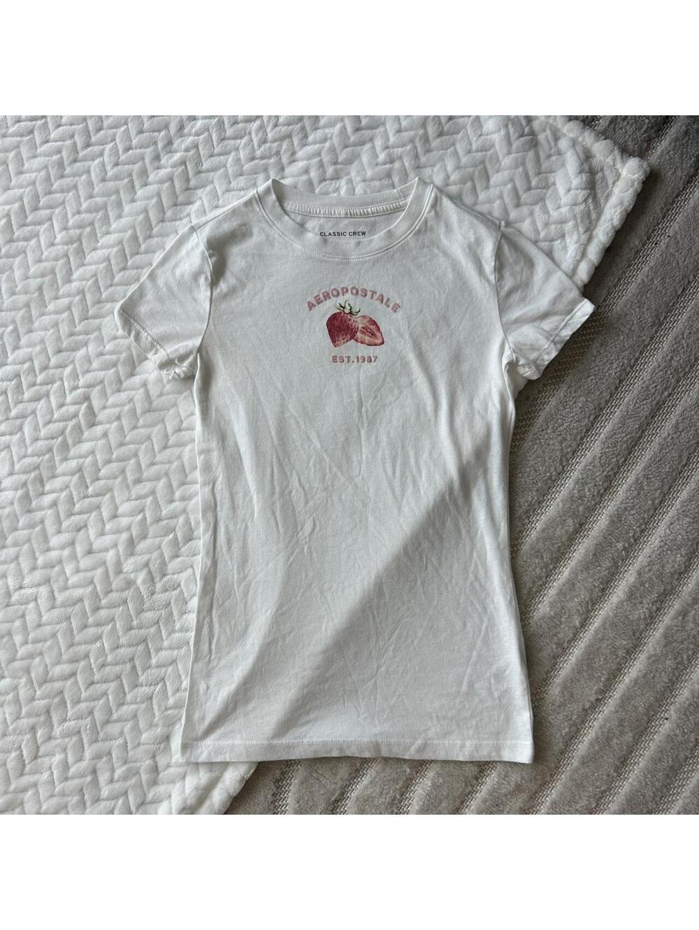 White Aeropostale strawberry graphic tee with red strawberry graphic